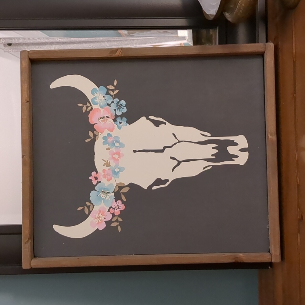 Wooden sign boho cow floral skull